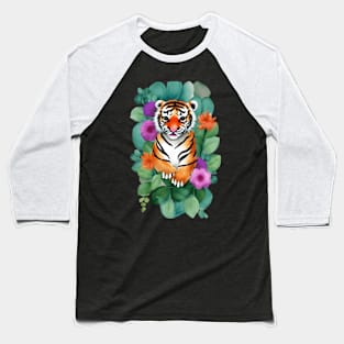 Watercolor Baby Tiger with Flowers Baseball T-Shirt